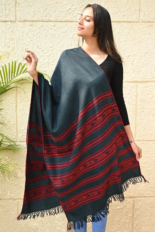 The ICH Fine, Soft Himachal Self Striped Wool Stole - 3 Panels, Deep Teal