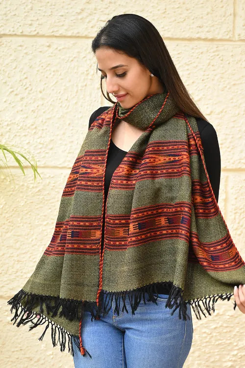 The ICH Fine, Soft Himachal Self Striped Wool Stole - 3 Panels, Pine Mist