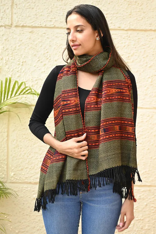 The ICH Fine, Soft Himachal Self Striped Wool Stole - 3 Panels, Pine Mist