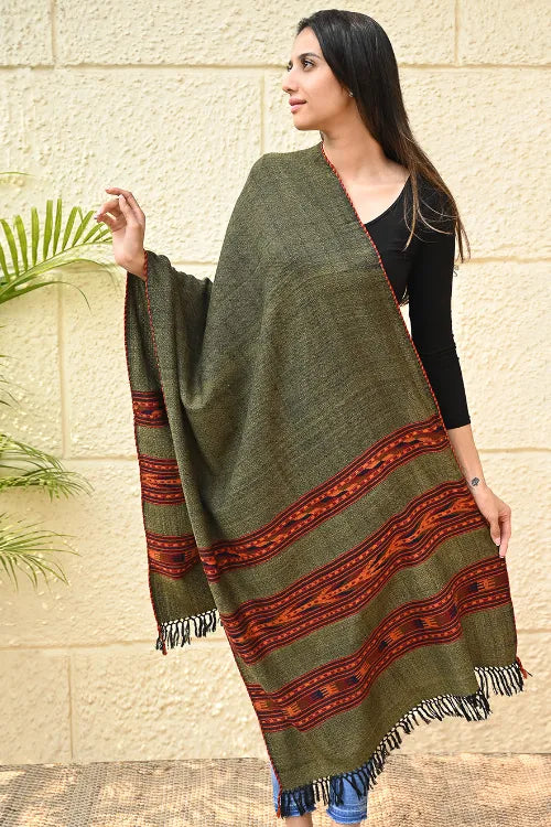 The ICH Fine, Soft Himachal Self Striped Wool Stole - 3 Panels, Pine Mist