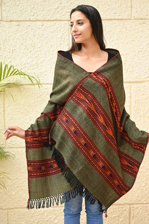 The ICH Fine, Soft Himachal Self Striped Wool Stole - 3 Panels, Pine Mist