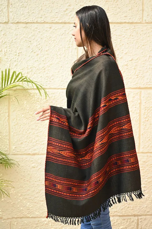 The ICH Fine, Soft Himachal Self Striped Wool Stole - 3 Panels, Orange Black