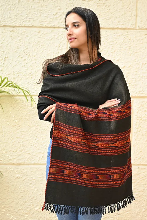 The ICH Fine, Soft Himachal Self Striped Wool Stole - 3 Panels, Orange Black