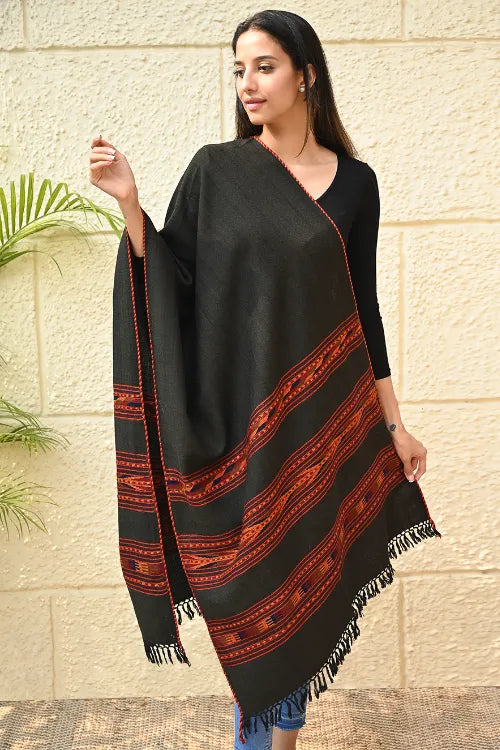 The ICH Fine, Soft Himachal Self Striped Wool Stole - 3 Panels, Orange Black