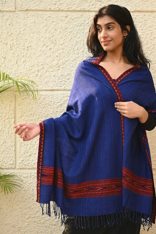 The ICH Exclusive Soft Himachal Wool Stole With Woven Border - Bluebell Grove