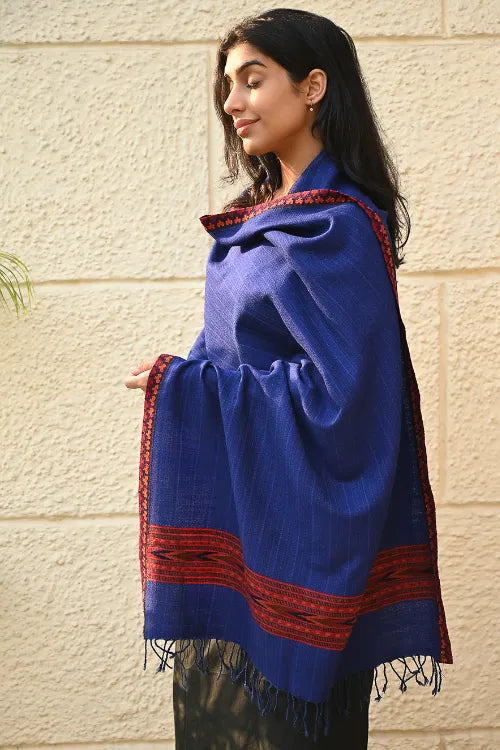 The ICH Exclusive Soft Himachal Wool Stole With Woven Border - Bluebell Grove