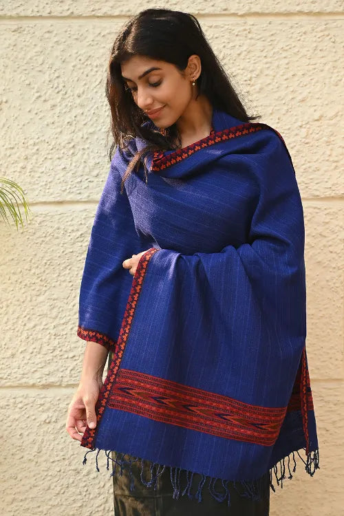 The ICH Exclusive Soft Himachal Wool Stole With Woven Border - Bluebell Grove
