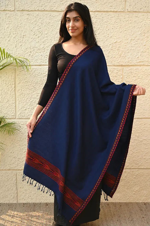 The ICH Exclusive Soft Himachal Wool Stole With Woven Border - Mystic Ocean