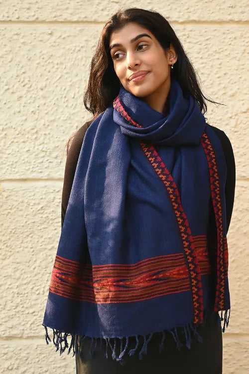 The ICH Exclusive Soft Himachal Wool Stole With Woven Border - Mystic Ocean