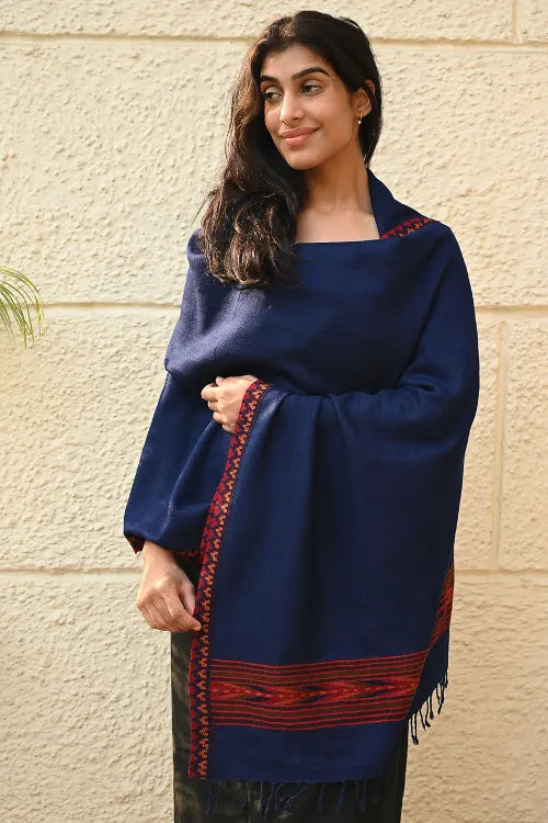 The ICH Exclusive Soft Himachal Wool Stole With Woven Border - Mystic Ocean