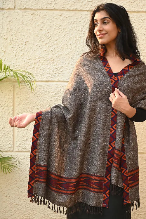 The ICH Exclusive Soft Himachal Wool Stole With Woven Border - Woodland Trail