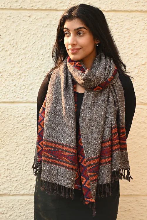 The ICH Exclusive Soft Himachal Wool Stole With Woven Border - Woodland Trail