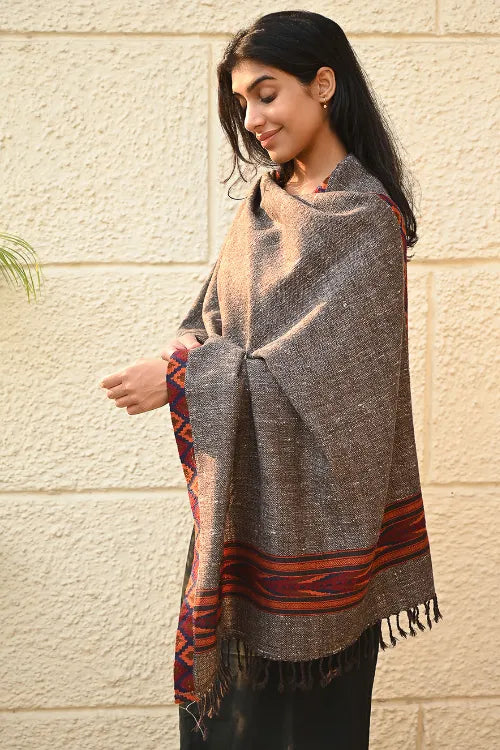 The ICH Exclusive Soft Himachal Wool Stole With Woven Border - Woodland Trail