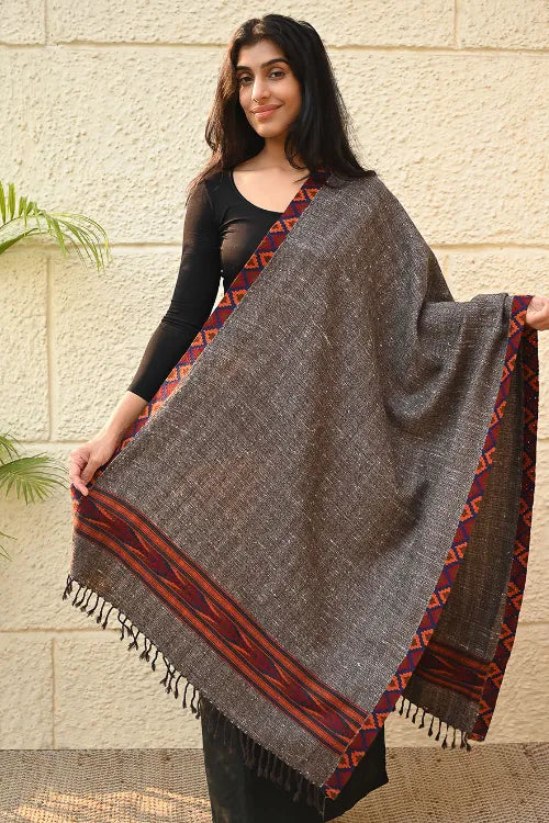 The ICH Exclusive Soft Himachal Wool Stole With Woven Border - Woodland Trail