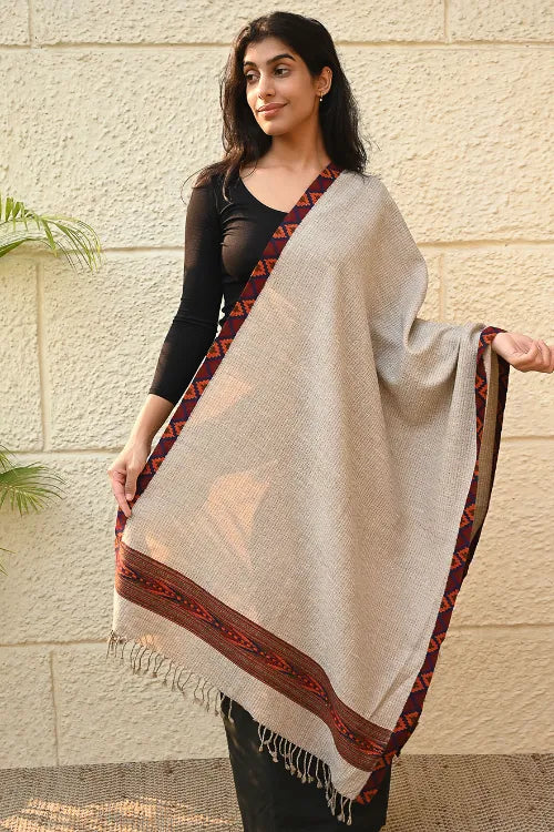 The ICH Exclusive Soft Himachal Wool Stole With Woven Border - Desert Trail
