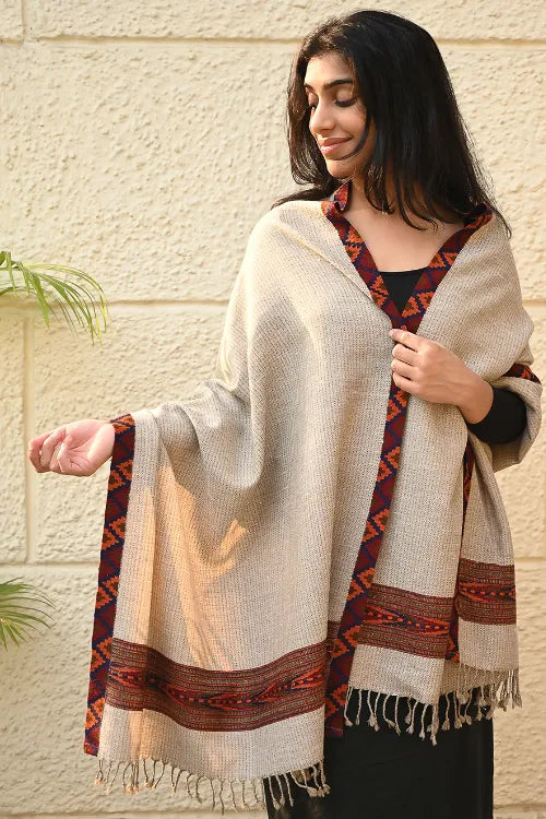 The ICH Exclusive Soft Himachal Wool Stole With Woven Border - Desert Trail