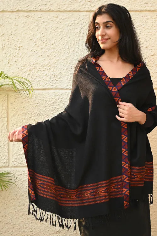 The ICH Exclusive Soft Himachal Wool Stole With Woven Border - Charcoal Trail