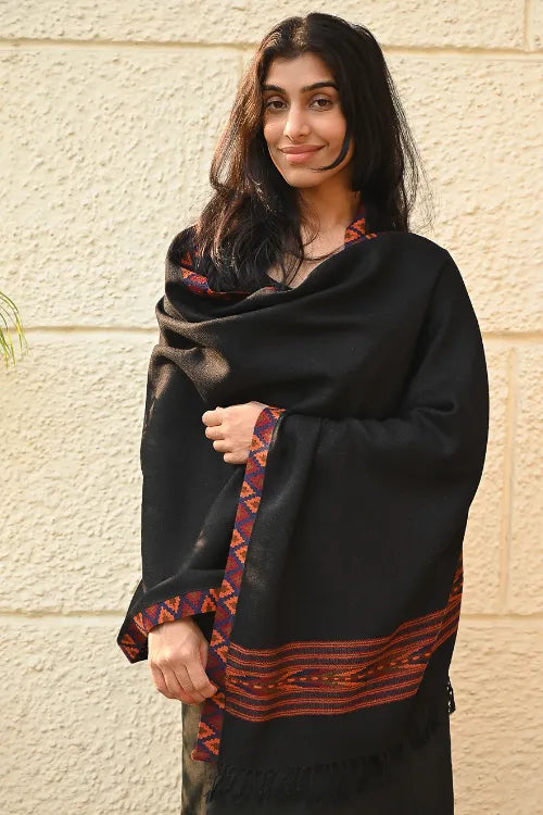 The ICH Exclusive Soft Himachal Wool Stole With Woven Border - Charcoal Trail