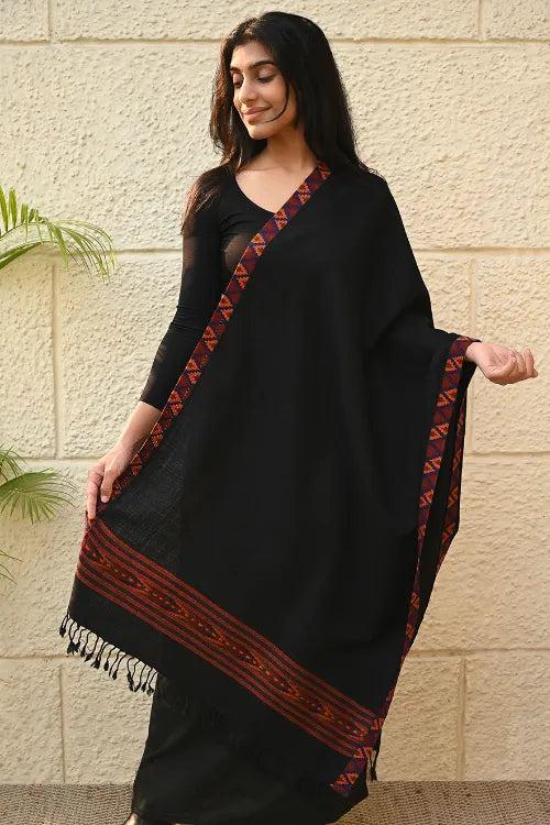 The ICH Exclusive Soft Himachal Wool Stole With Woven Border - Charcoal Trail