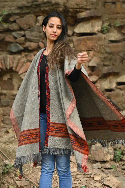 The ICH Exclusive Soft Himachal Wool Poncho With Woven Border - Stone Harvest
