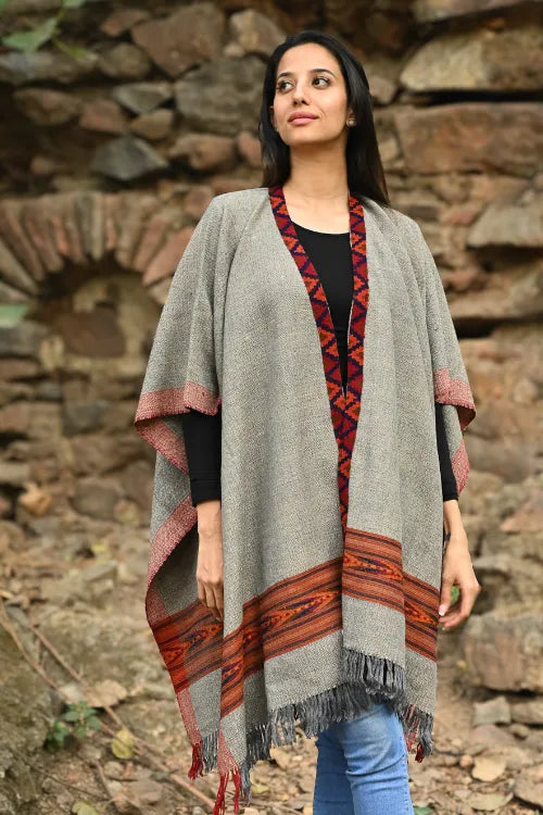 The ICH Exclusive Soft Himachal Wool Poncho With Woven Border - Stone Harvest
