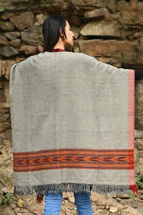 The ICH Exclusive Soft Himachal Wool Poncho With Woven Border - Stone Harvest