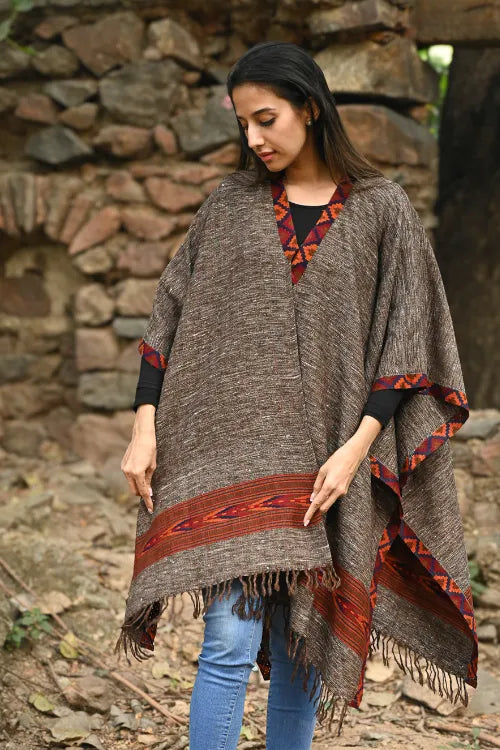 The ICH Exclusive Soft Himachal Wool Poncho With Woven Border - Cocoa Hearth