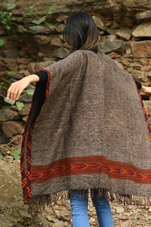 The ICH Exclusive Soft Himachal Wool Poncho With Woven Border - Cocoa Hearth