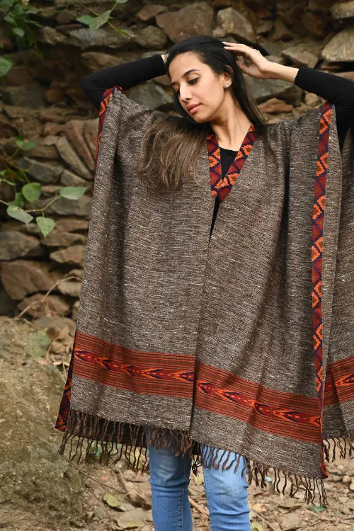 The ICH Exclusive Soft Himachal Wool Poncho With Woven Border - Cocoa Hearth