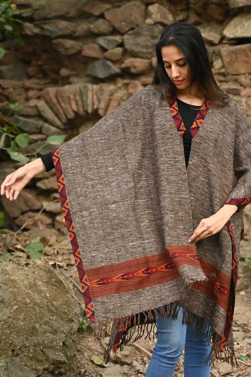 The ICH Exclusive Soft Himachal Wool Poncho With Woven Border - Cocoa Hearth