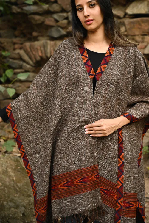 The ICH Exclusive Soft Himachal Wool Poncho With Woven Border - Cocoa Hearth