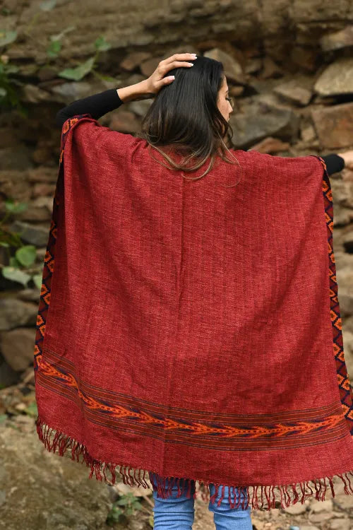 The ICH Exclusive Soft Himachal Wool Poncho With Woven Border - Rose Garden