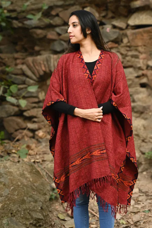 The ICH Exclusive Soft Himachal Wool Poncho With Woven Border - Rose Garden