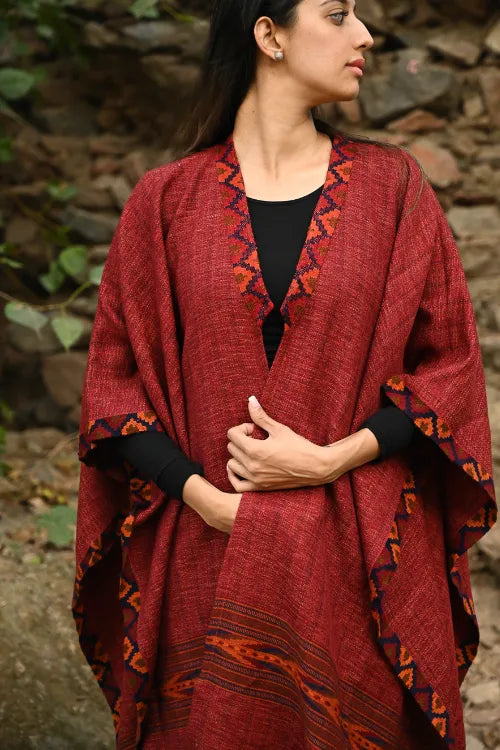 The ICH Exclusive Soft Himachal Wool Poncho With Woven Border - Rose Garden