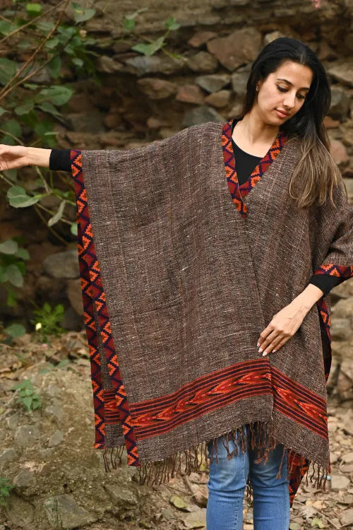 The ICH Exclusive Soft Himachal Wool Poncho With Woven Border - Rustwood