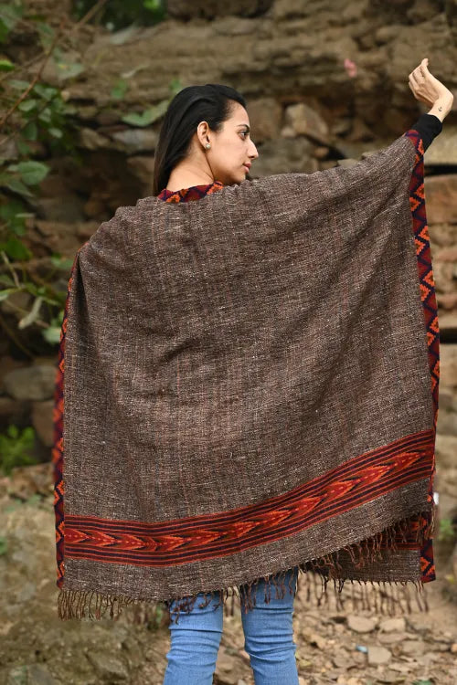The ICH Exclusive Soft Himachal Wool Poncho With Woven Border - Rustwood
