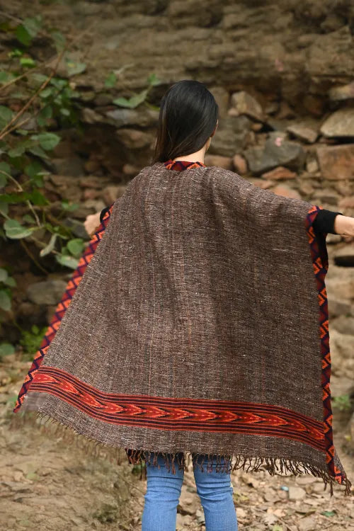 The ICH Exclusive Soft Himachal Wool Poncho With Woven Border - Rustwood