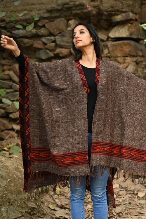 The ICH Exclusive Soft Himachal Wool Poncho With Woven Border - Rustwood