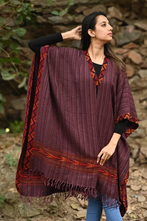 The ICH Exclusive Soft Himachal Wool Poncho With Woven Border - Plum Cake