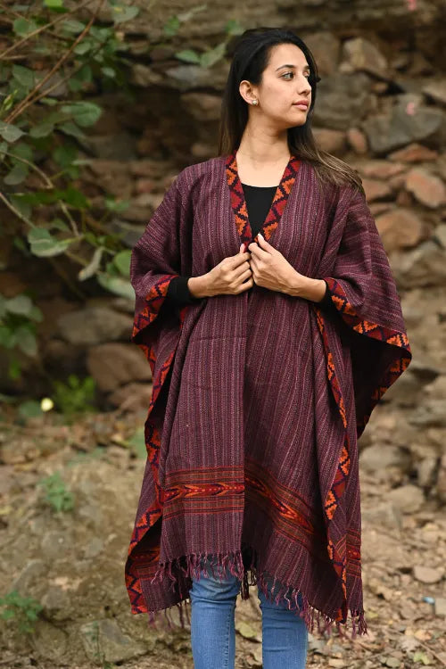 The ICH Exclusive Soft Himachal Wool Poncho With Woven Border - Plum Cake