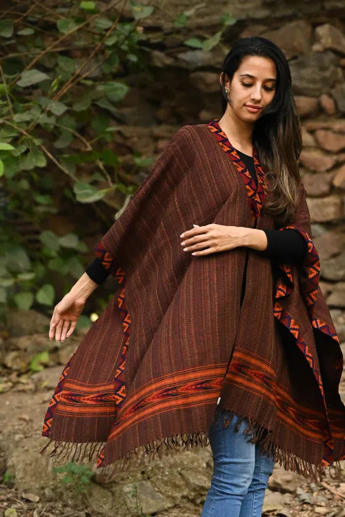 The ICH Exclusive Soft Himachal Wool Poncho With Woven Border - Cinnamon Rust