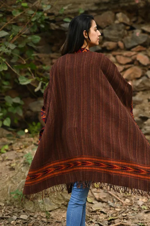 The ICH Exclusive Soft Himachal Wool Poncho With Woven Border - Cinnamon Rust