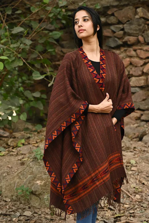The ICH Exclusive Soft Himachal Wool Poncho With Woven Border - Cinnamon Rust