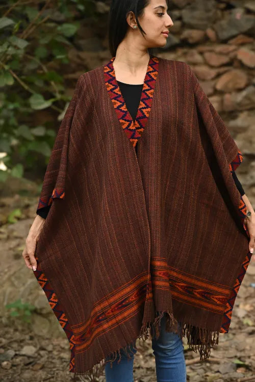 The ICH Exclusive Soft Himachal Wool Poncho With Woven Border - Cinnamon Rust