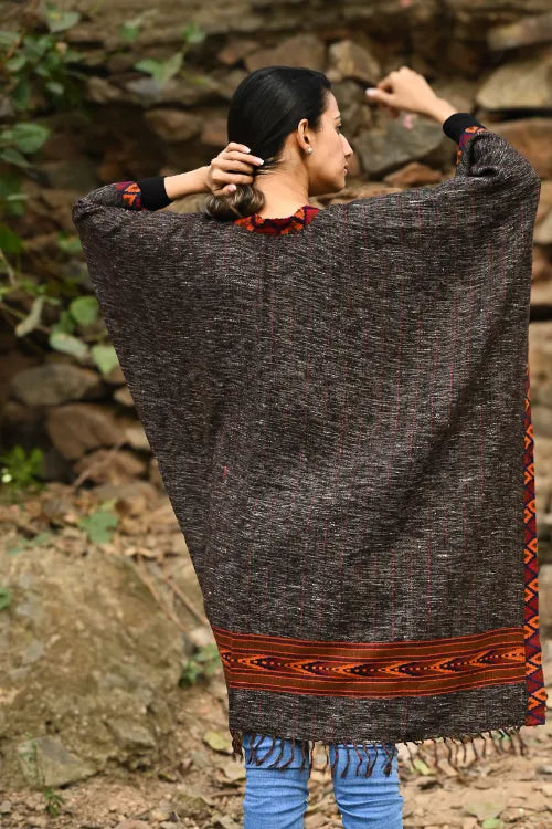 The ICH Exclusive Soft Himachal Wool Poncho With Woven Border - Charcoal Brown