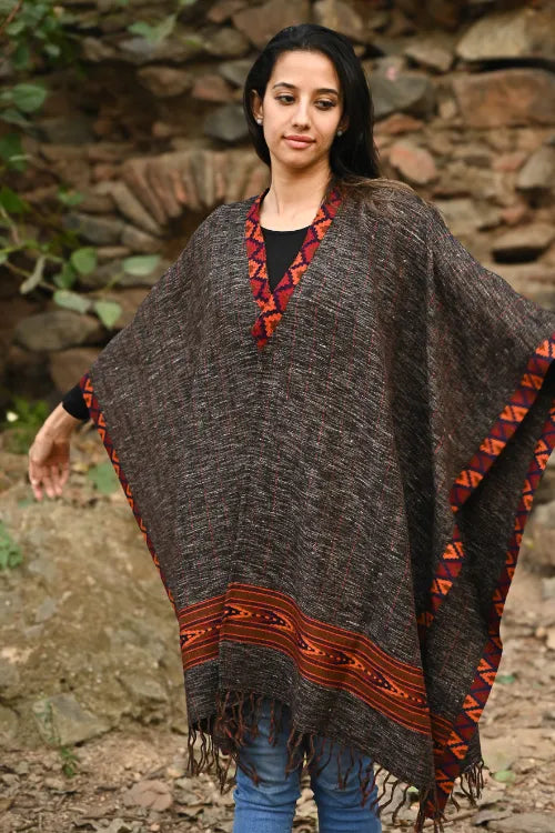 The ICH Exclusive Soft Himachal Wool Poncho With Woven Border - Charcoal Brown