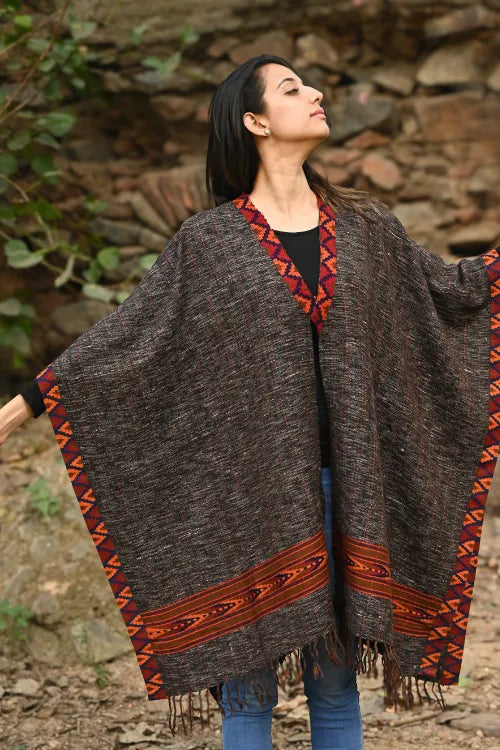 The ICH Exclusive Soft Himachal Wool Poncho With Woven Border - Charcoal Brown