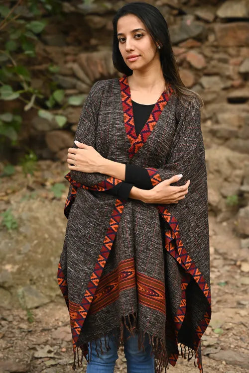 The ICH Exclusive Soft Himachal Wool Poncho With Woven Border - Charcoal Brown