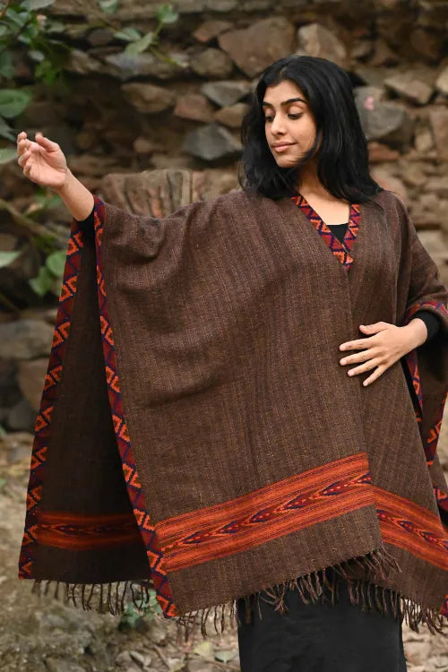 The ICH Exclusive Soft Himachal Wool Poncho With Woven Border - Rustic Mocha
