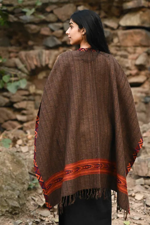 The ICH Exclusive Soft Himachal Wool Poncho With Woven Border - Rustic Mocha